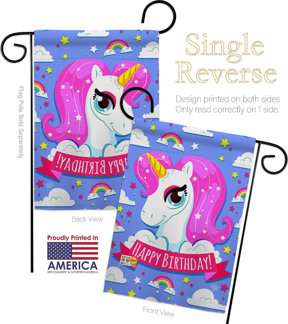 Magical Unicorn Birthday Garden Flag Set with Stand Celebration Cake Gift Present Candy Bouquet Occasion Anniversary Party Small Decorative Yard House Banner Made In USA 13 X 18.5