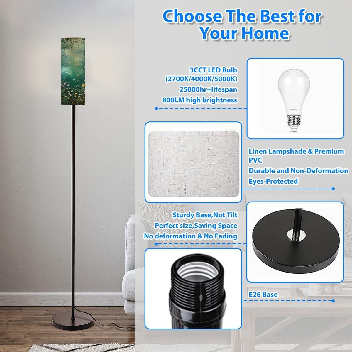 Modern Floor Lamps for Living Room Intricate Stained Glass Wildflowers Sunlight Standing Lamps with Linen Lampshade Tall Lamp Metal Pole Lamp for Bedroom Office Reading