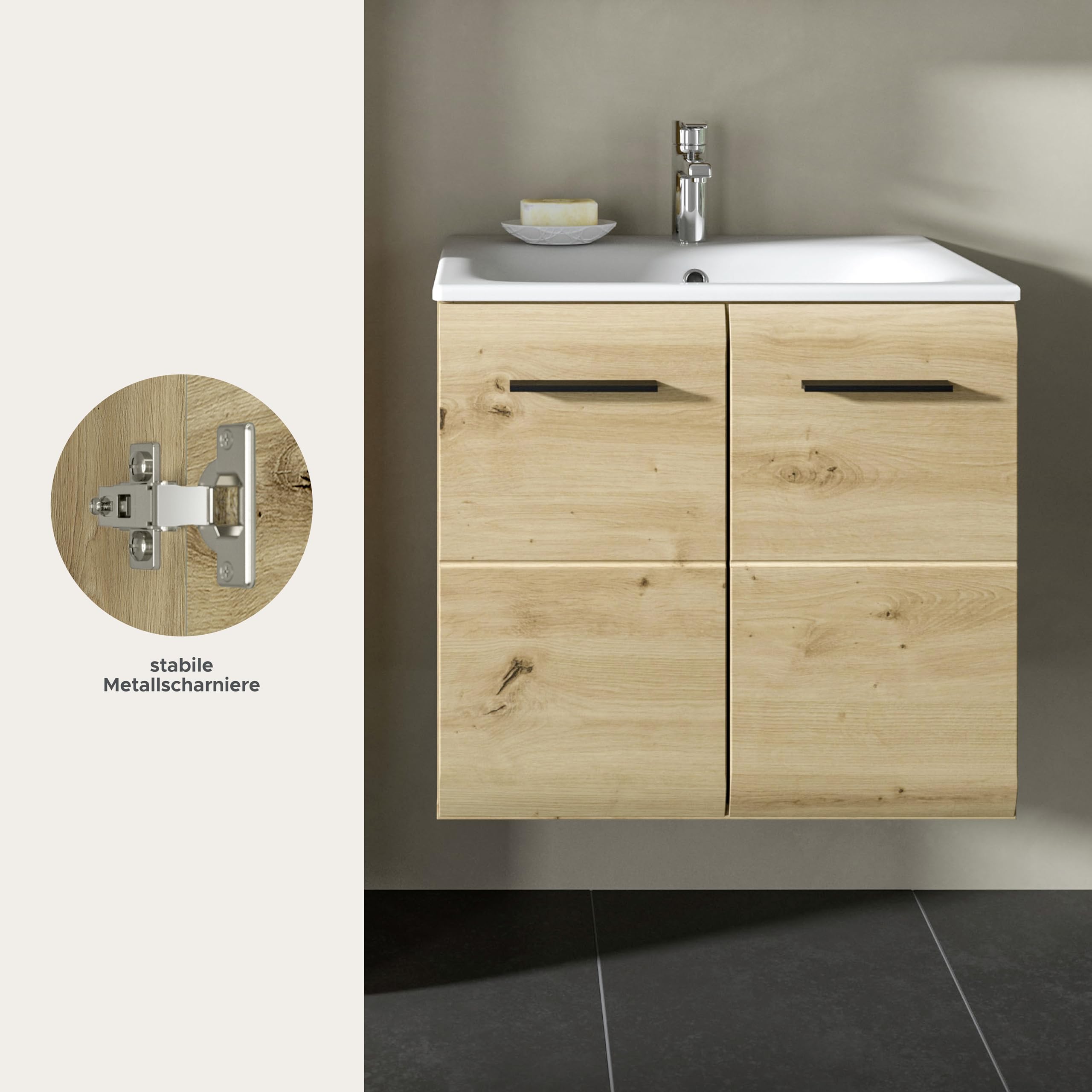 xonox.home – Waschtisch Ice 60x55x46 cm inkl. Waschbecken in Korpus und Front Artisan Oak Nachbildung – Waschplatz für Badezimmer in Holzoptik – modern & kompakt