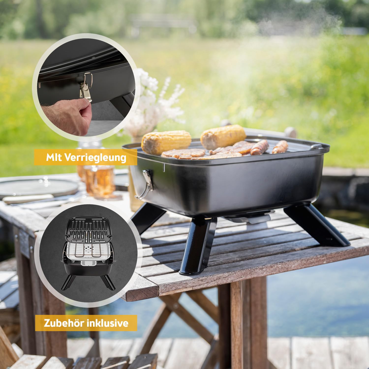 TZS First Austria 2in1 Elektrogrill Kugelgrill - extrem stabiler & kompakter BBQ Hybrid Elektrogrill für Balkon | 2000 Watt | Elektrisch oder Holzkohle | einfache Montage & Reinigung