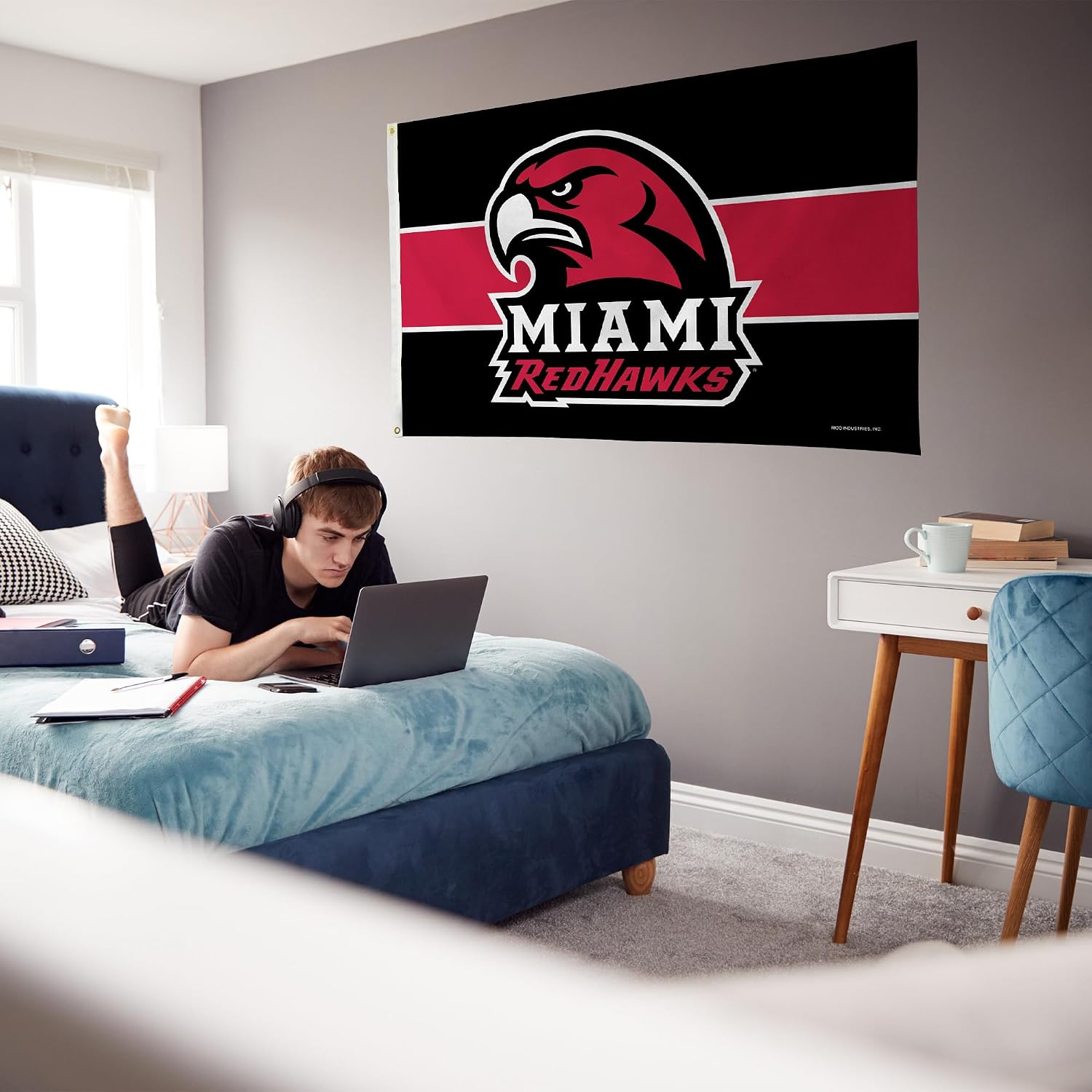 Rico Industries NCAA Miami of Ohio Redhawks Black with Red Stripe 3' x 5' Banner Flag Single Sided - Indoor or Outdoor - Home Décor