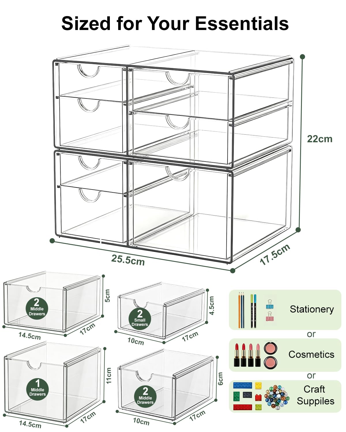 GoMaihe Set di 2 Organizer da Scrivania, Portaoggetti Make-up con 7 Cassetti, Trasparenti, Antipolvere per Trucco, Gioielli, Penne, Cancelleria