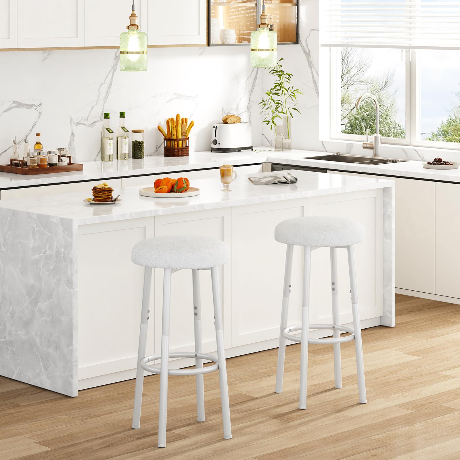 YMYNY 67 cm Tabourets Bar Lot de 2 Métal Tissu, Blanc HBS515W