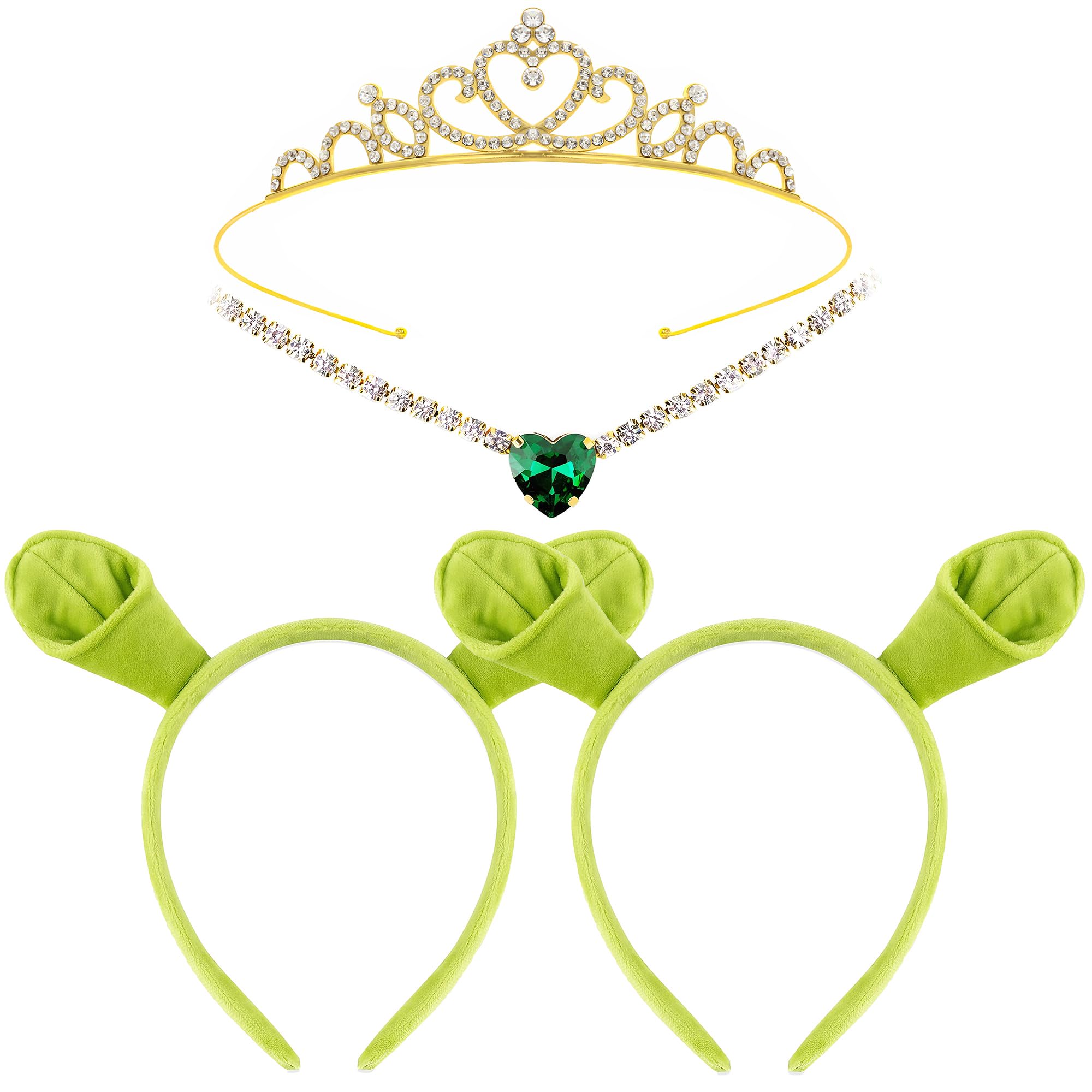 Yezmo 4PCS Green Ogre Ears Headband Set, Ogress Costume Accessories with Monster Headbands Crown and Necklace for Halloween Cosplay Dress up Party