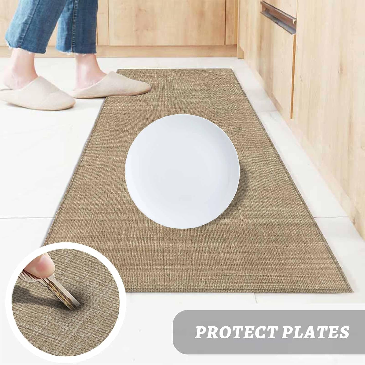 Kitchen Mats for Floor Country Brown Linen Texture Washable Non Slip Kitchen Rugs 2PCS, Farmhouse Pure Color Style Absorbent Standing Mats for Sink Bathroom Office Living Room 15.7x23.6in+15.7x47.2in
