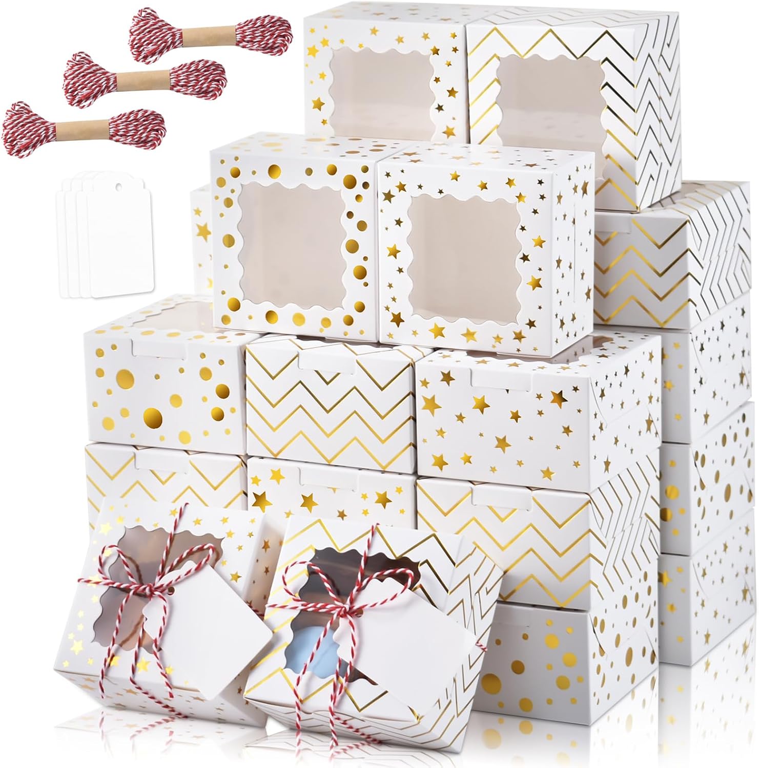 KPOSIYA 30pcs Christmas Cookie Boxes for Gift Giving, 4x4x2.5in White Bakery Boxes with Window for Treat and Pastry，Holiday Small Treat Boxes for Dessert, Donut, Mini Cake,Thanksgiving