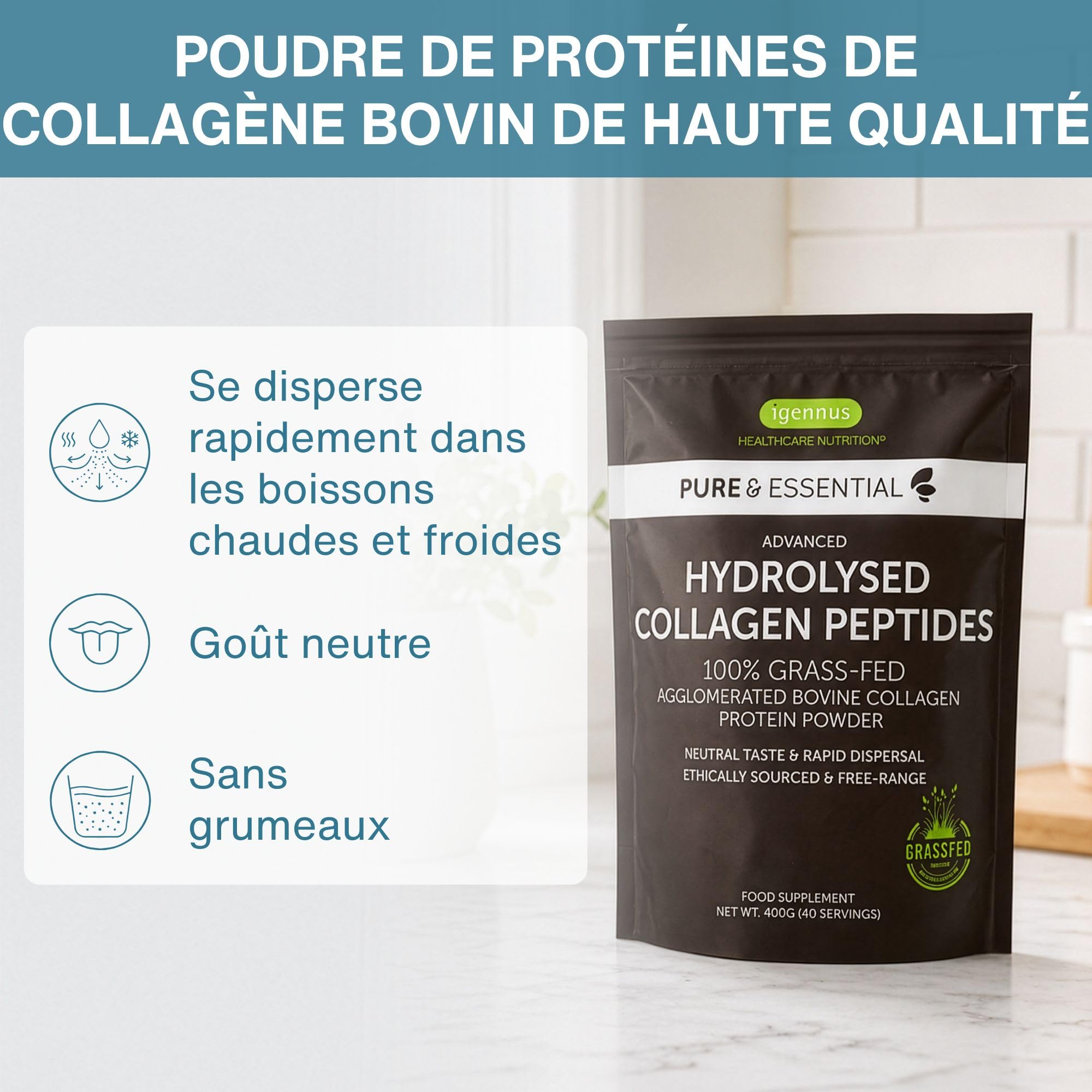 Peptides de Collagène Hydrolysés Avancés, Certifié Nourri 100% à l’Herbe, Poudre de Protéine de Collagène Bovin Aggloméré, Mélange Facile et Goût Neutre, 400 g – par Igennus