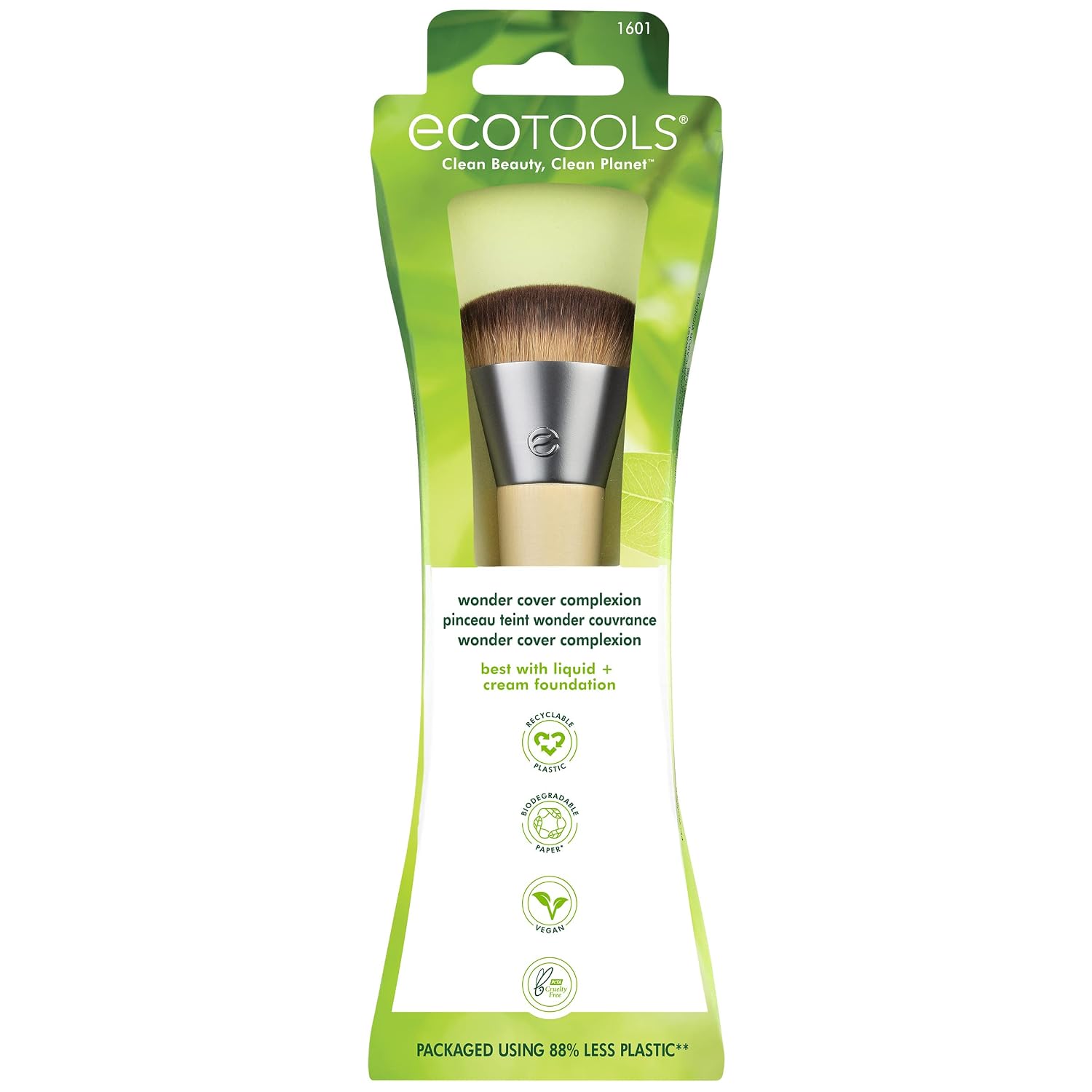 EcoTools Wonder Cover Complexion Makeup Brush, Dense Synthetic Bristles, For Liquid or Cream Foundation, Medium to Full Coverage, Eco-Friendly Makeup Brush, Vegan & Cruelty-Free, 1 Count
