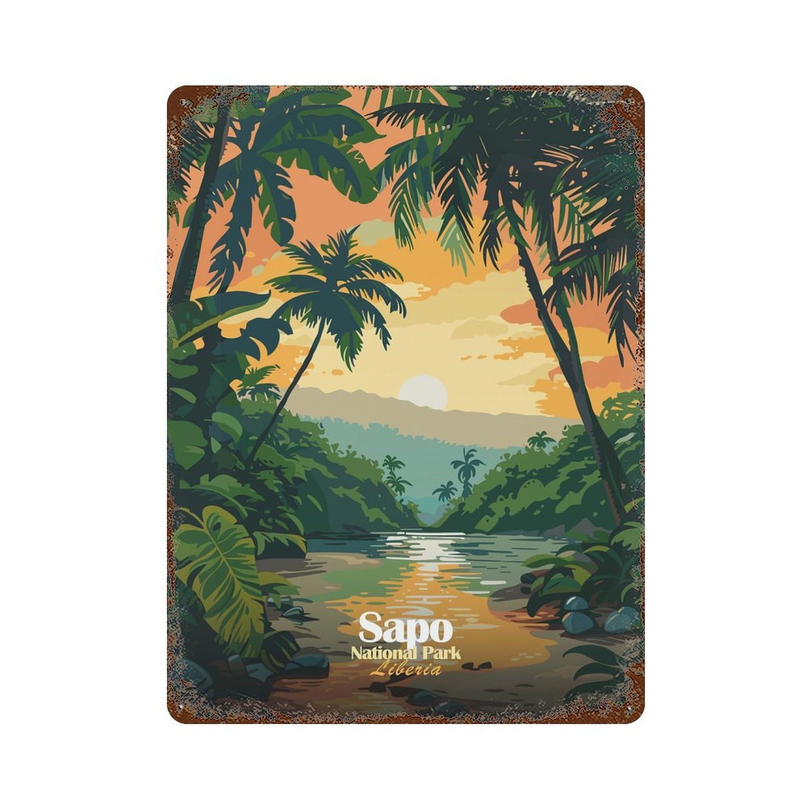 Sapo National Park, Liberia Illustration Rusty Metal Tin Sign 15.7"x11.8", Ideal for Pub, Kitchen And Man Cave Decor