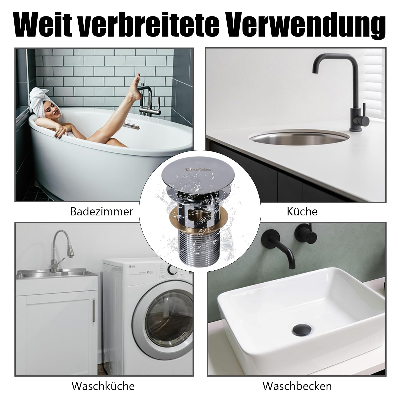 Siphon Waschbecken Ablaufgarnitur mit Überlauf - Edelstahl 304 Universal Siphon Waschbecken Bad, Syphon Sifon Pop Up Abflussgarnitur Abfluss Flaschensiphon, Silber