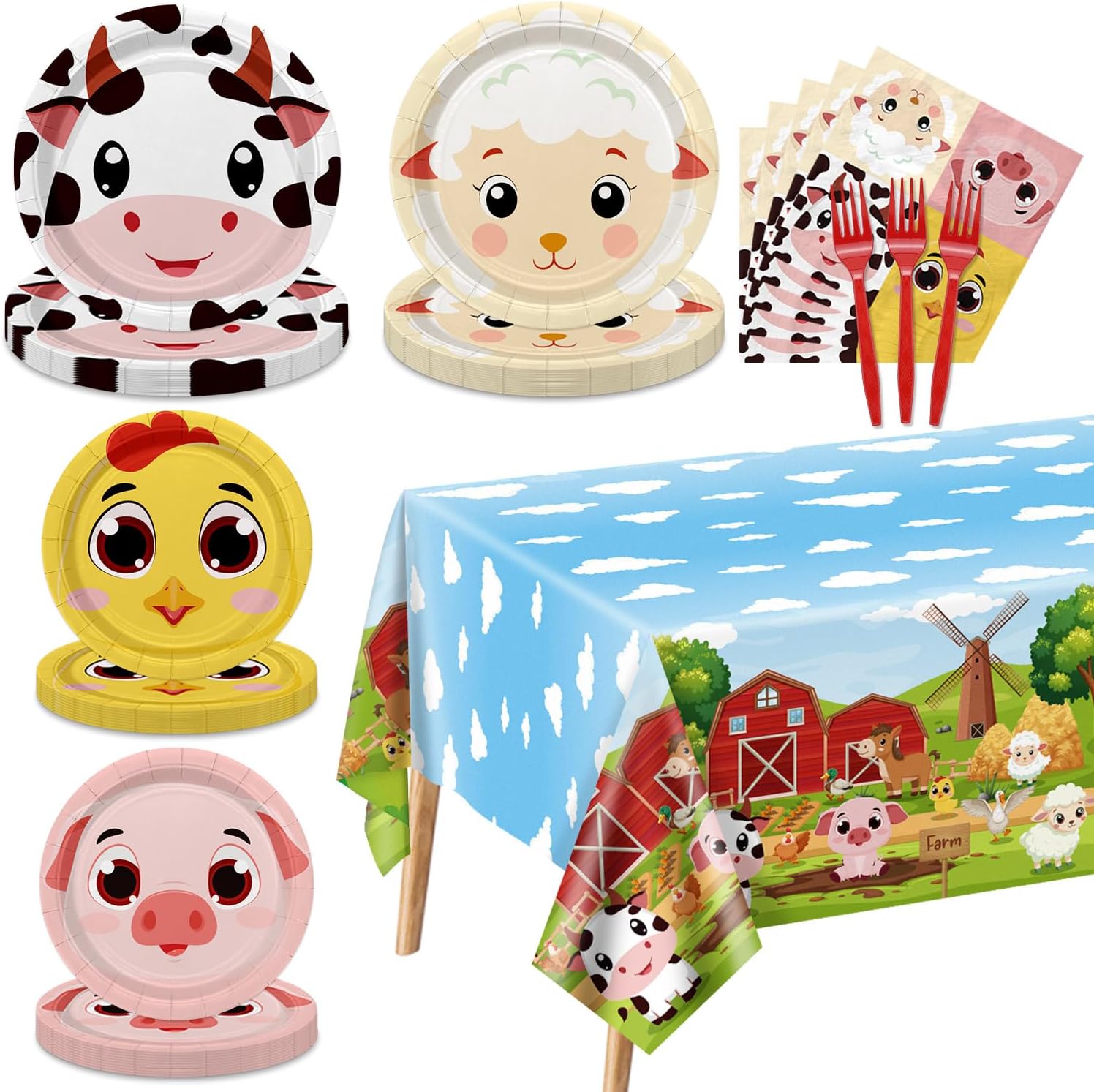 Farm Birthday Party Plates Set for 20 Guests, Including Animals Tablecloth, Napkins, Forks and Plates for Baby Shower Farm Birthday Decorations