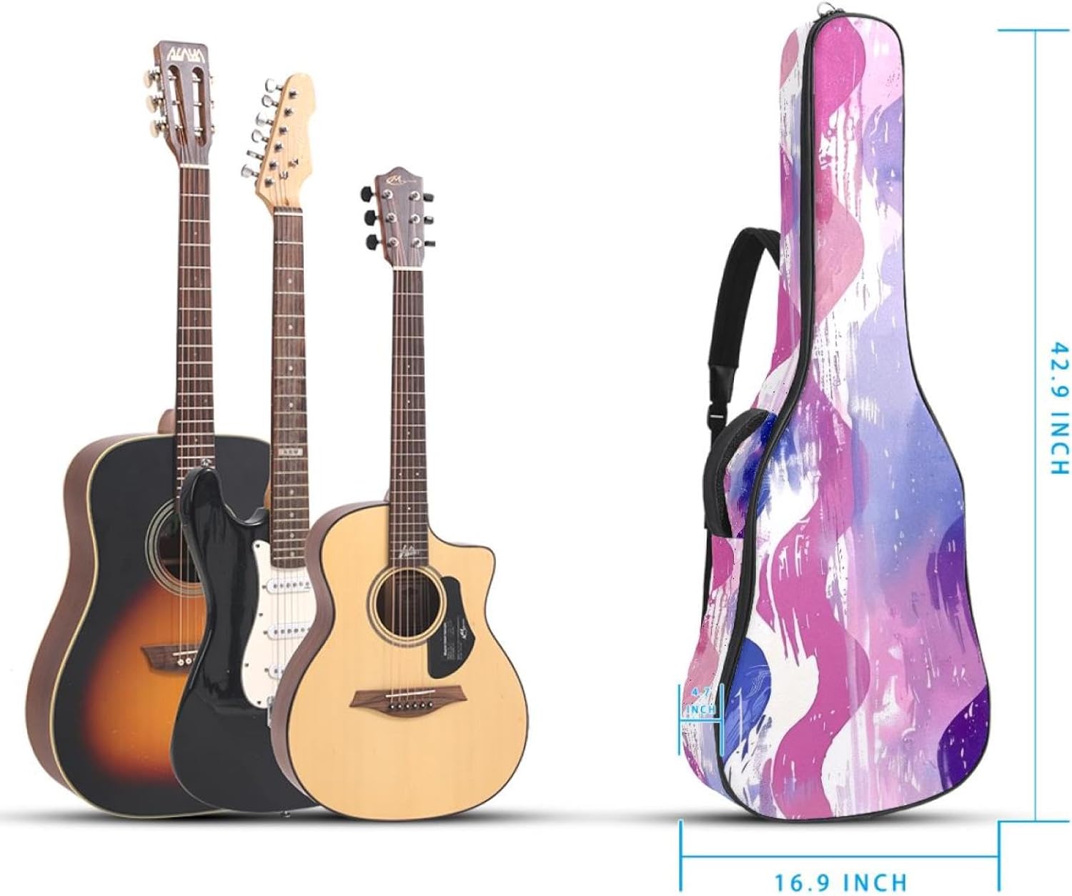 Acoustic Guitar Bag 0.4 Inch Thick Padding Waterproof Guitar Case Gig Bag for 40 41 42 Inch Electric Bass Classical Guitar, Purple Wavy Seamless Pattern