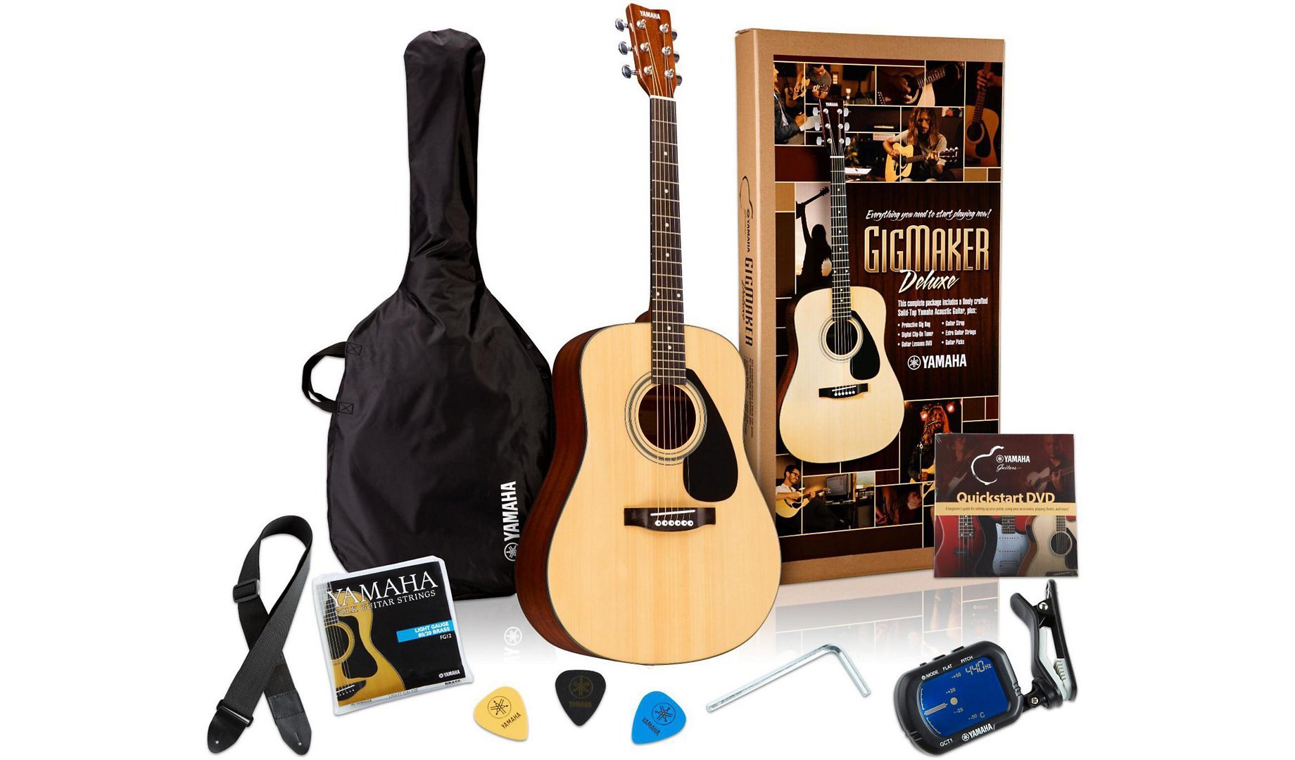 YamahaGigMaker Deluxe Acoustic Guitar Package with FD01S Guitar, Gig Bag, Tuner, Strap and Picks - Natural