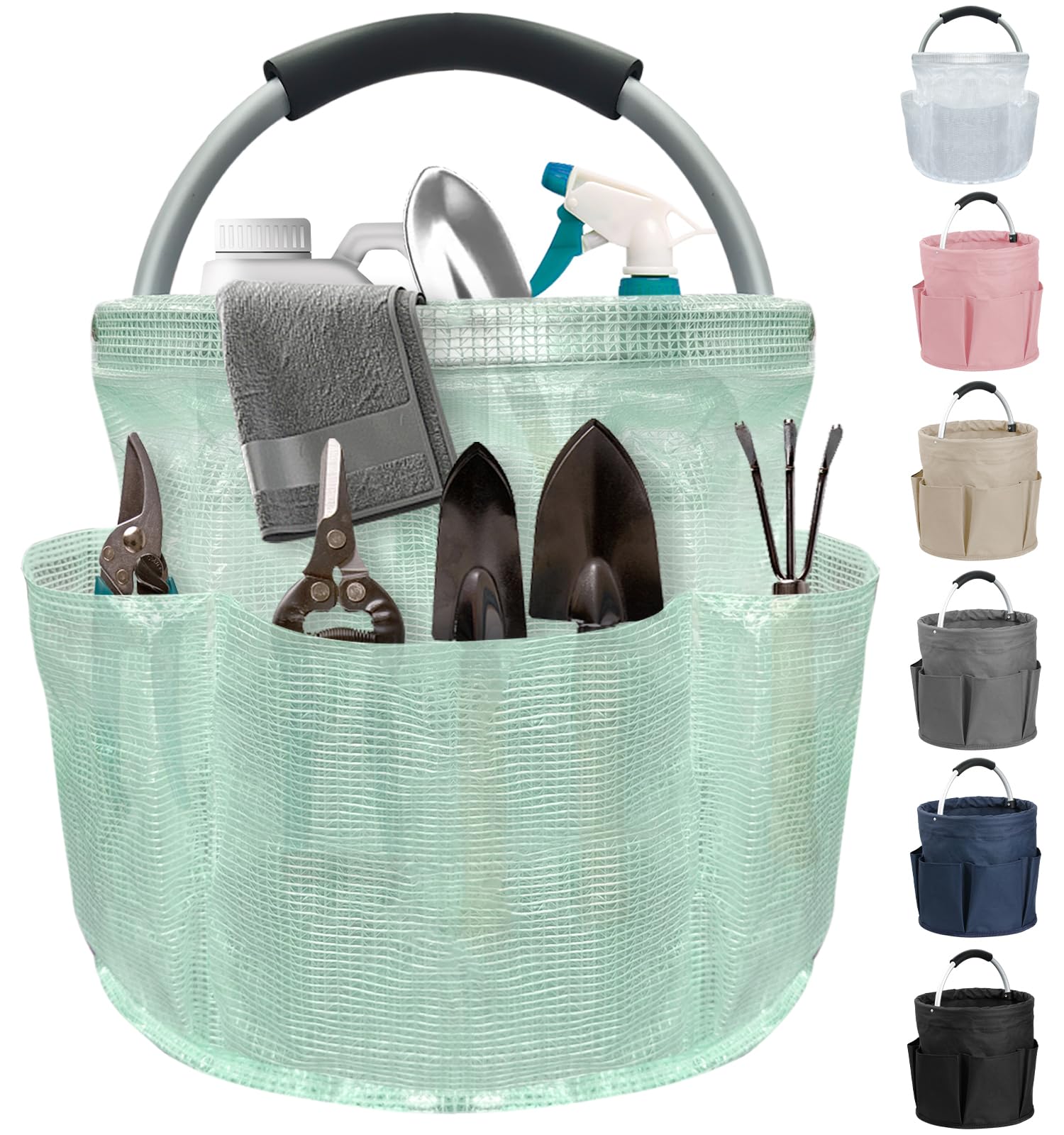 17L Cleaning Caddy for Cleaning Supplies, Foldable Tool Bucket Organizer with 6 Side Pockets, Portable Garden Tool Bag in PVC Resin, Folding Storage Basket for Camping, Gardening, Green