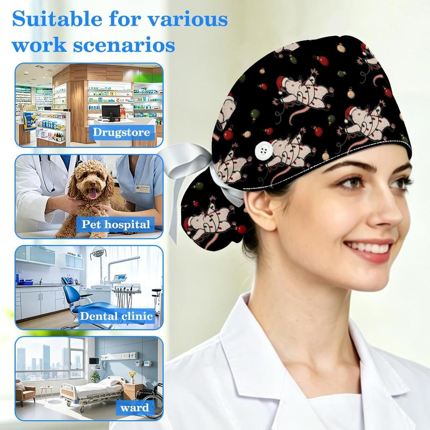 Scrub Cap Women, Surgical Cap with Buttons and Sweatband for Nurse & Doctor