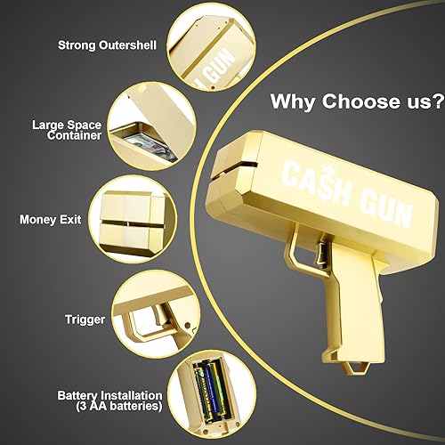 Miniatura 3 de PREZZY Pistola de dinero con 104 piezas de dinero de utilería pistola de dinero falsa juguete de dinero para hacer que sea lluvia ametralladora de