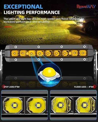 Miniatura 2 de BraveWAY Barra de luz LED amarilla de 7 pulgadas con luces LED todoterreno antiniebla ámbar, barra de luz todoterreno para camión, camioneta, ATV,