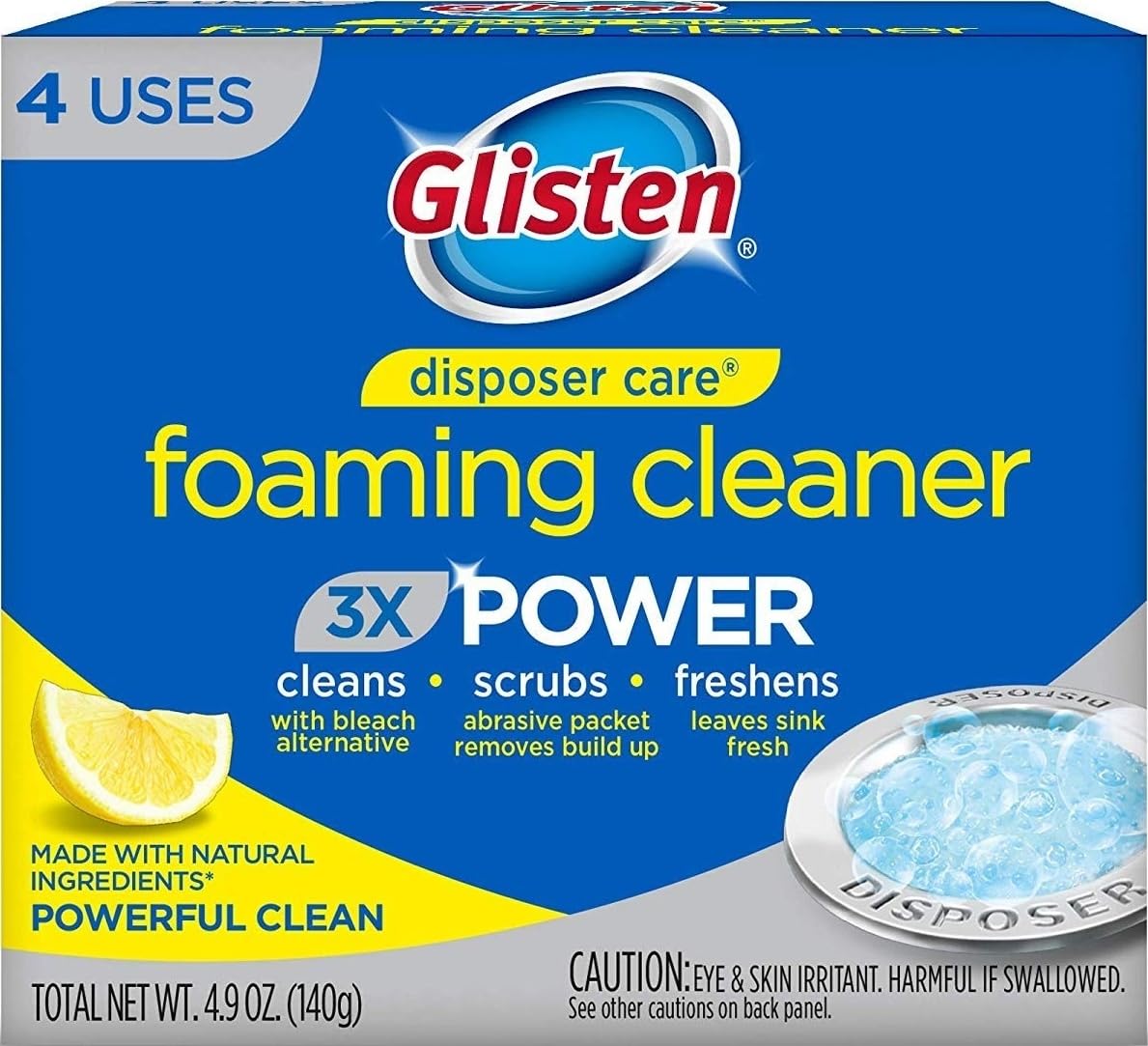 Glisten Garbage Disposal Cleaner and Odor Eliminator with Foaming Action, Removes Buildup and Cleans, Lemon Scent, 4 Uses