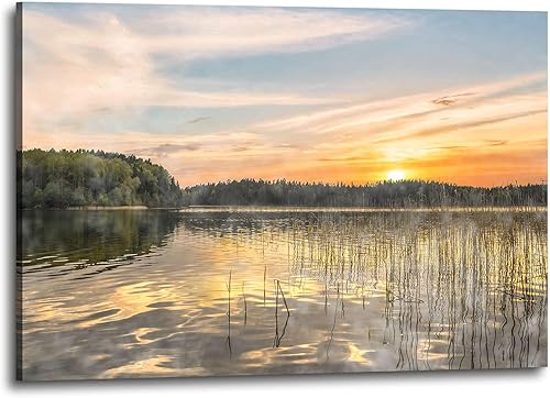 Vista 16 de Arte de lienzo de lago para decoración de pared: Escena de naturaleza con cuadro enmarcado, impresión de paisaje, gran puesta de sol, obra de arte