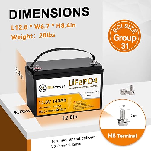 Miniatura 2 de BtrPower Batería de litio de 12 V 140 AH, batería LiFePO4 de ciclo profundo 5000+ con BMS integrado de 100 A para almacenamiento en el hogar, motor