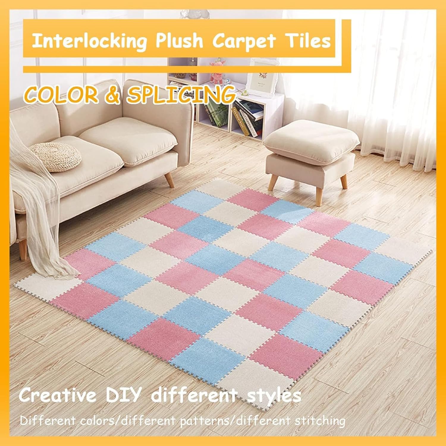 Dalles de Moquette emboîtables - Paquet de 10 pièces, Tapis Puzzle en Mousse de 30 x 30 cm, à Poils Courts, Noirs et Blanc cassé, adaptés aux Maisons, Bureaux, salles de Jeux pour Enfants, f