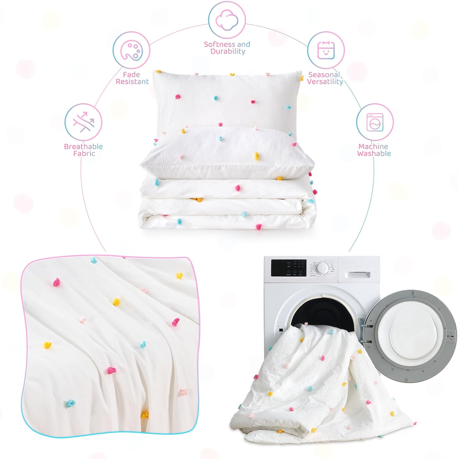 Full Size Kids Comforter Set Colorful Tufted Pom Pom Bedding Set for Girls 3 Piece White Boho Jacquard Quilt Bed in A Bag Lightweight Duvet Bed Set for Kids Teen Girls Bedroom Decor with 2 Pillowcase | Colorful Tufted Dots, Full Comforter Set, Kids Comforter, Teen Girls Comforter, White Comforter, Full Bedding Set