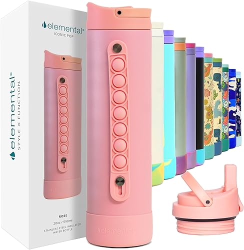 Elemental Botella de Agua Icónica para Niños para la Escuela - Botellas de Agua Aisladas 100% a Prueba de Fugas con Tapa de Pajita y Asa Pop-It para