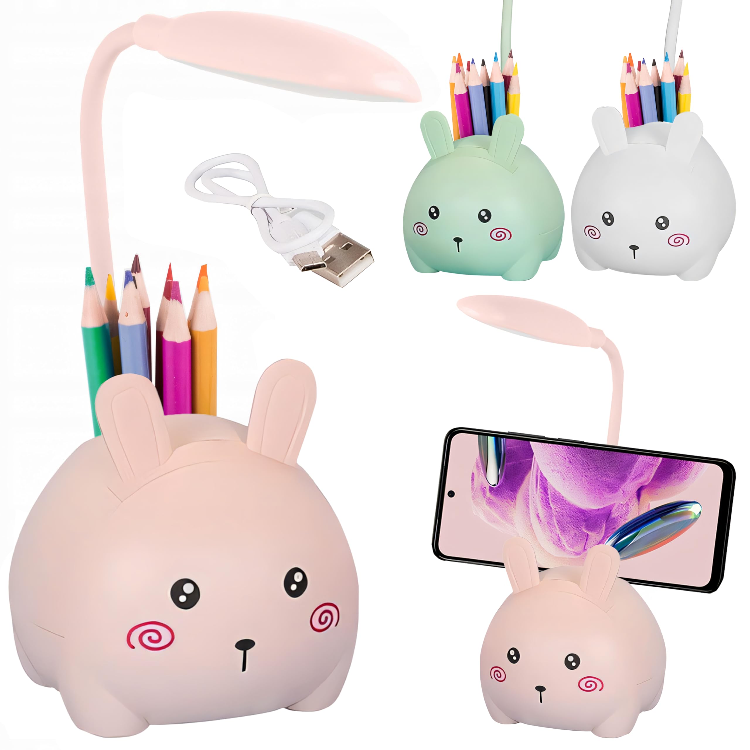 things-4you Lámpara Infantil Conejo Rosa con Portalápices y Soporte Móvil – Luz Nocturna LED Recargable USB-C – Flexo Escritorio Niños y Mesita de Noche
