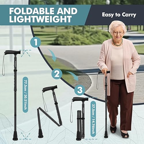 Miniatura 3 de GPTCAMP Bastón de caminar para hombres y mujeres, bastones ajustables con mango en T, diseño plegable y plegable, punta de pivote antideslizante,