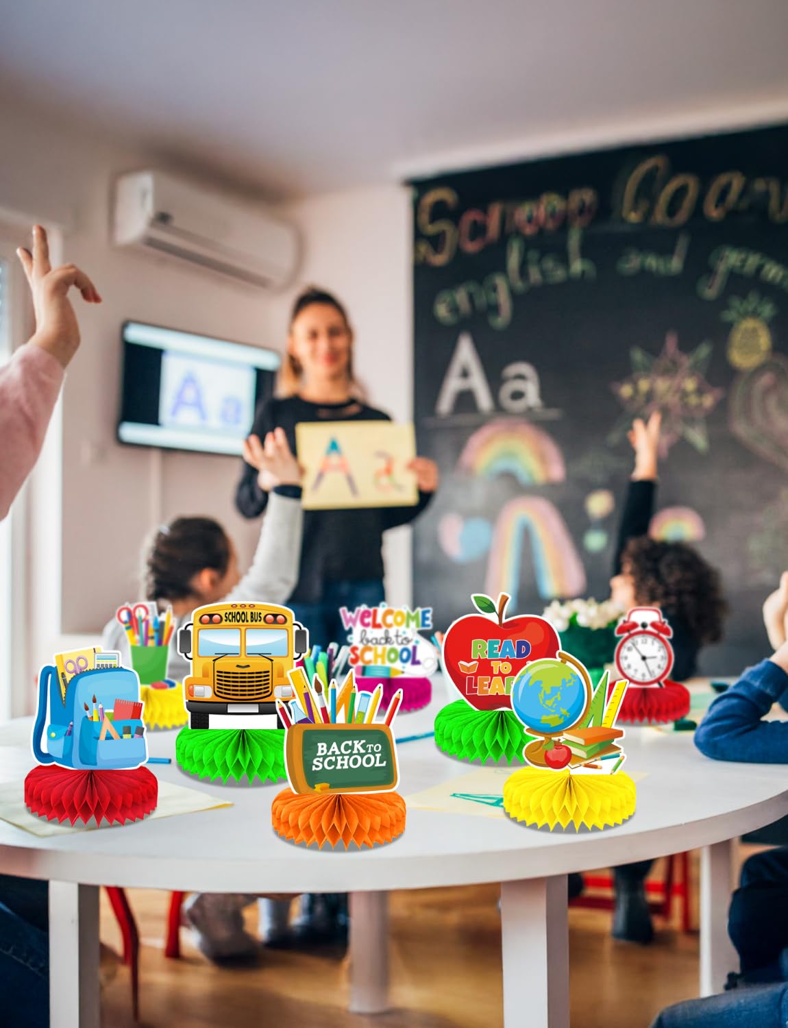 Back to School Table Decorations – Welcome Back to School Table Centerpiece, School Bus Stationery Chalkboard Honeycomb Centerpieces for School Party, Classroom, Office, Home Decor