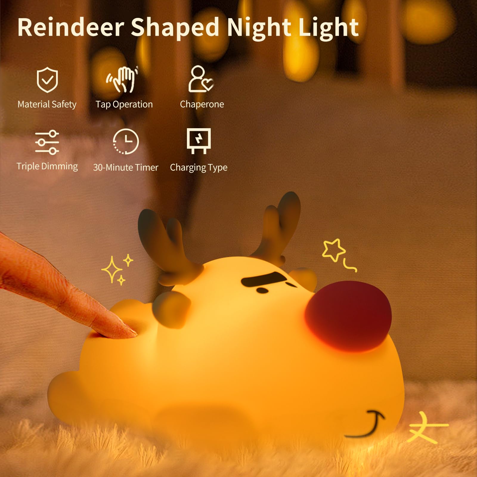 AVACOM Night Light for Kids, 3-Level Dimmable Rechargeable Nursery Nightlight, Timed Reindeer Bedside Touch Light Baby Room Decor, Suitable for Infants and Children During Lactation
