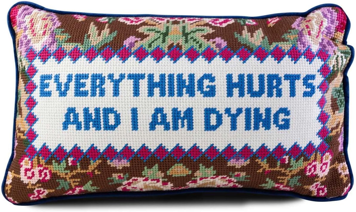 FURBISH Needlepoint Decorative Throw Pillow - Everything Hurts - 9"x15" - Small Embroidered Designer Pillow for Living Room, Couch, Sofa, Chair & Bed - Eclectic Home Decor