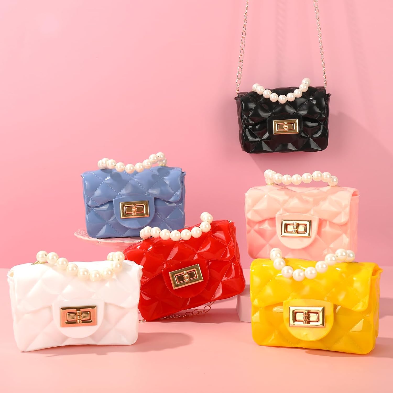 Whaline 6Pcs Mini Purse Small PVC Jelly Crossbody Bag Cute Toddler Princess Handbag with Pearl Handle for Women Girl Bridesmaid Birthday Party Gift Supplies - Image 3