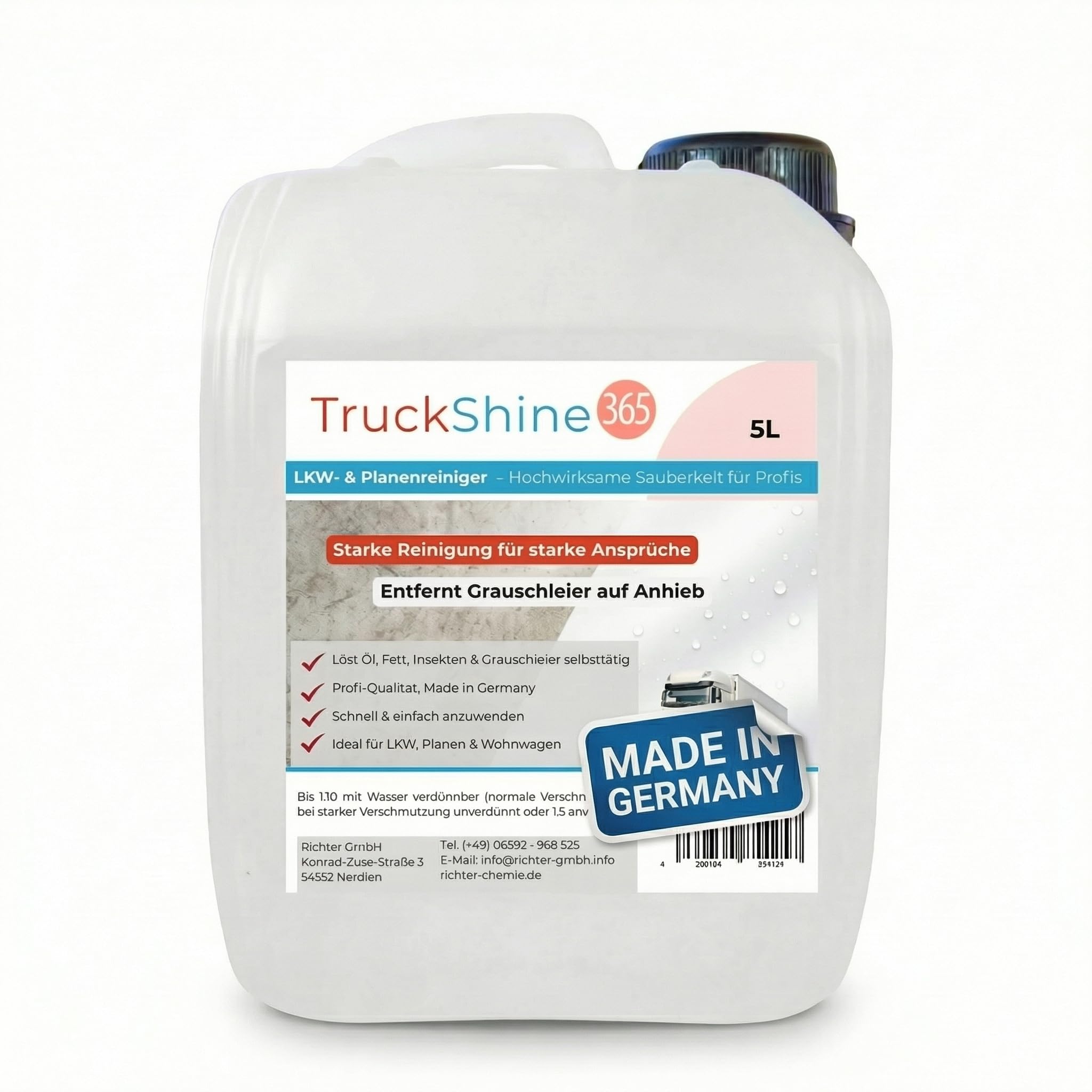 TruckShine365 LKW Reiniger & Planenreiniger Konzentrat, 5L Kanister | Alkalischer LKW Außenreiniger, Gegen Grauschleier, Öl, Fett & Insekten, Verdünnbar bis 1:10, Profi-Qualität