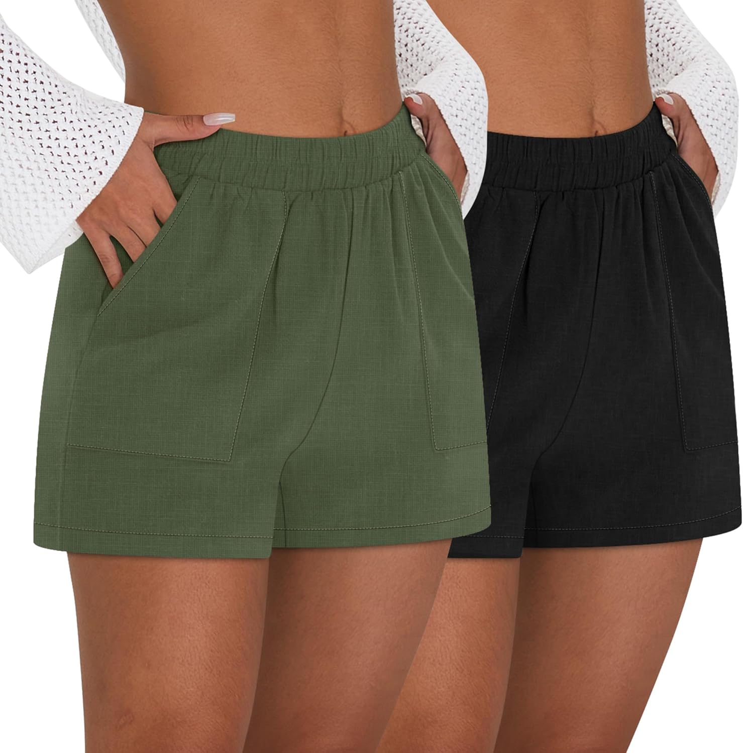 Neer 2 Pack Women's Casual Linen Shorts, Comfy Elastic High Waisted 2026 Wide Leg Summer Lounge Short with Pockets - Image 3