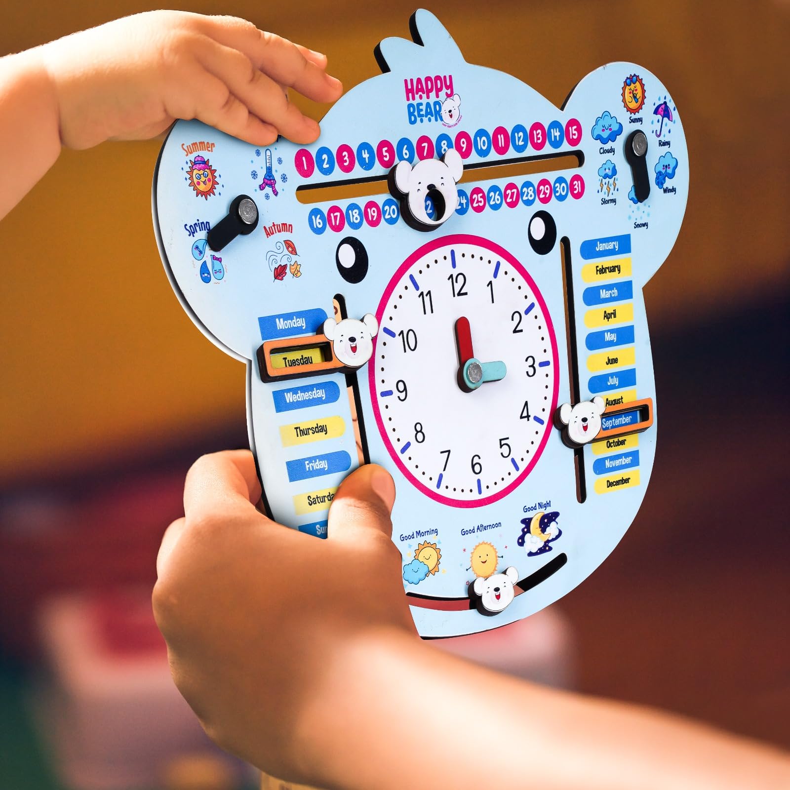 Happy Bear 7in1 Multifunctional Wooden Calendar Clock for Kids Educational Learning Clock Toy for Toddlers Boys and Girls Preschool Learning Tool Kids Teaching Clocks for 3+ Years(Multicolor) - Image 5 thumbnail