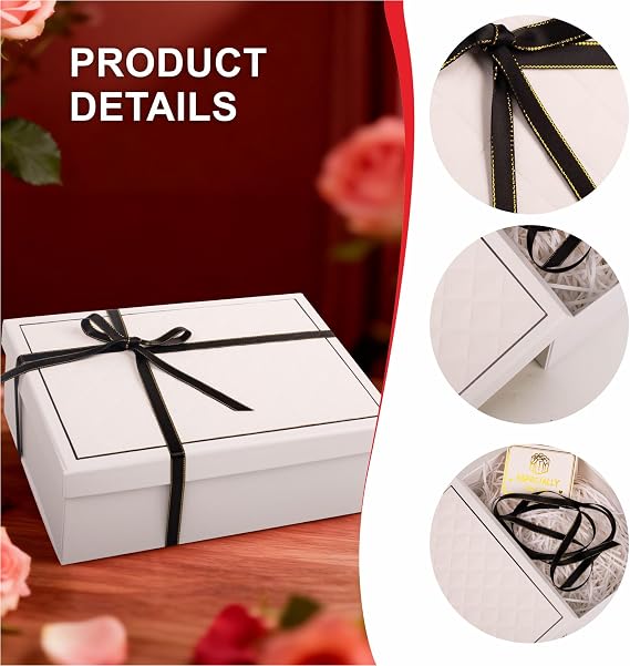 Luxury White Gift Box with Lid 25x18x9cm Medium/Large Empty Gift Boxes for Presents, Gift Box for Birthday Valentines Day Christmas Wedding Bridal Present Box with Ribbon Girls Her Women