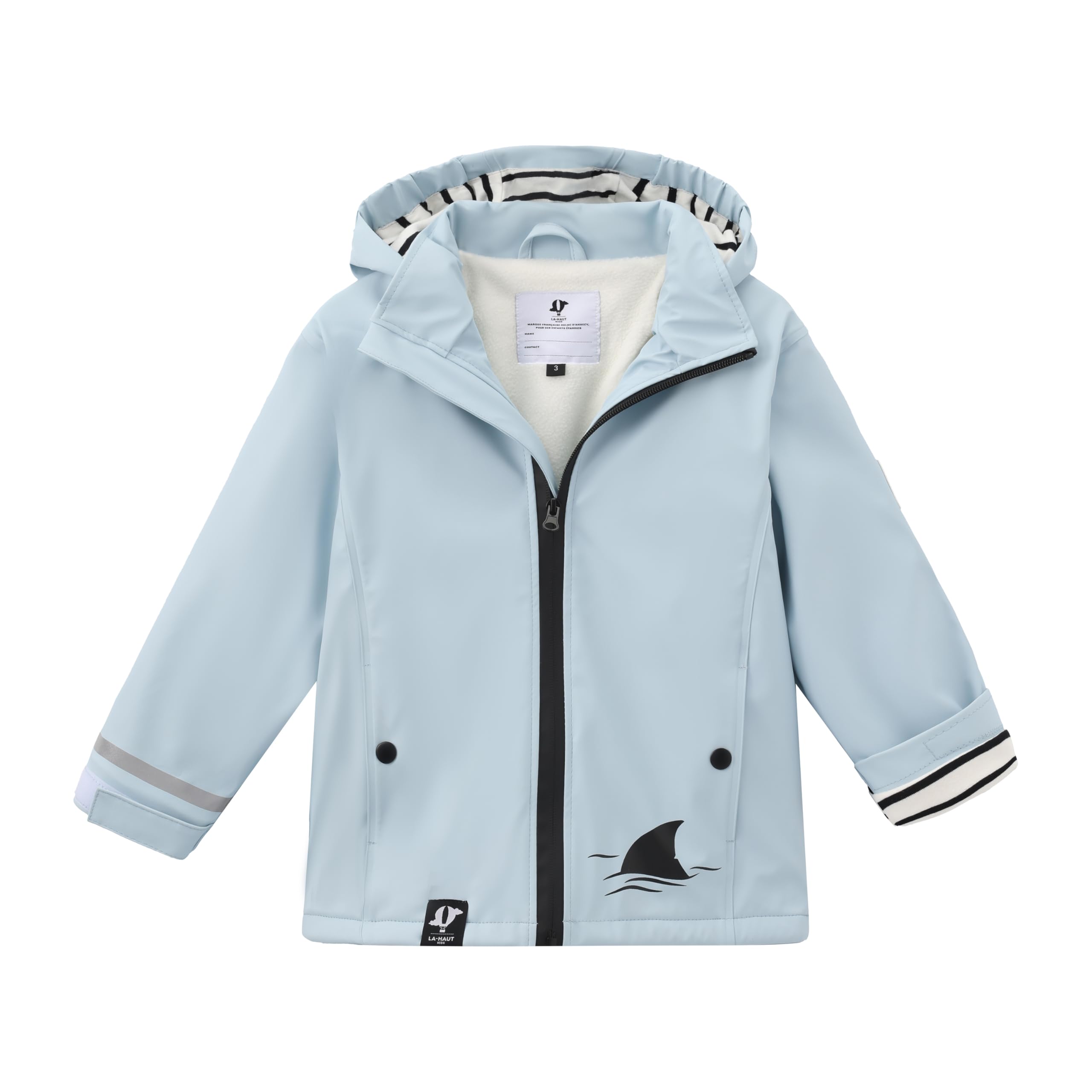 Wasserdichter Mantel für Mädchen und Jungen, mit gestreiftem Futter auf der Kapuze, Innenseite aus Fleece, Reißverschluss, gewachster Marine-Stil