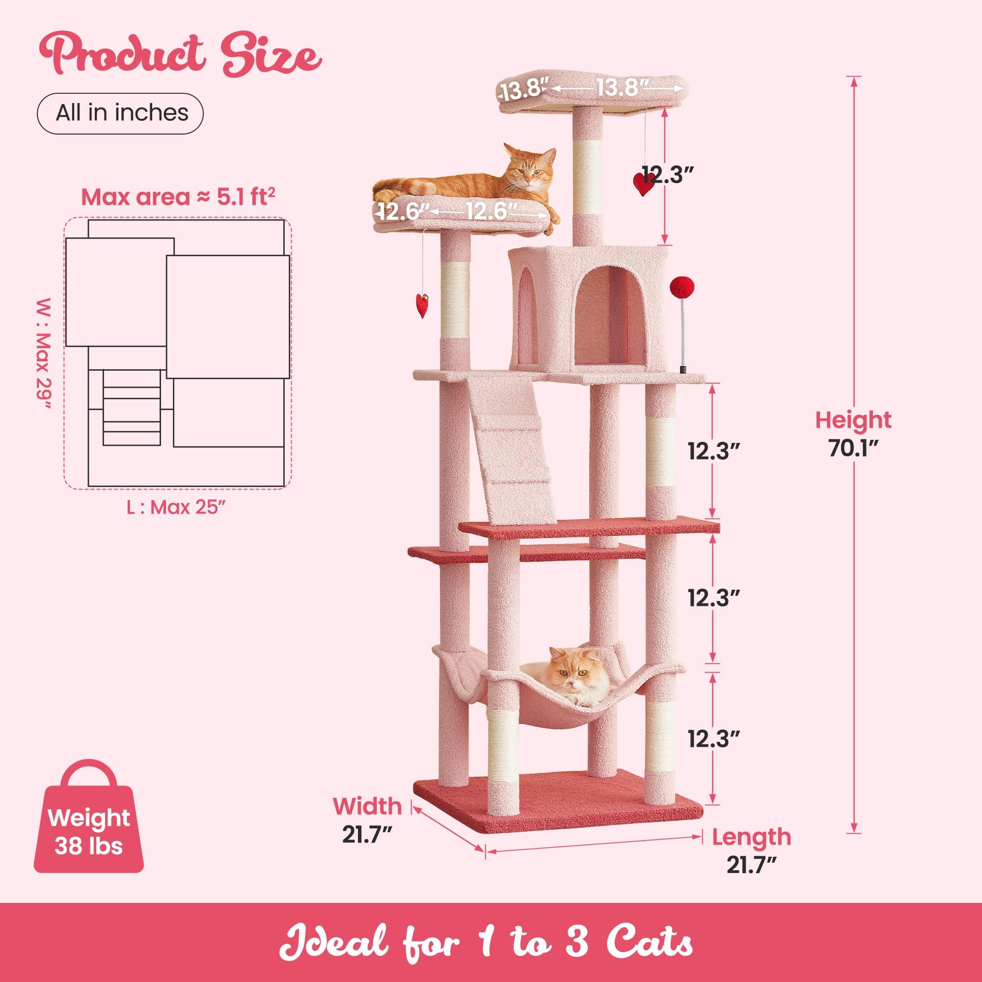 MWPO Cute Cat Tree, 70.1-Inch Tall Pink Cat Tower for Indoor Cats Large Adult, Multi-Level Cat Condo with 5 Scratching Posts, 2 Padded Perches, Hammock, Dangling Toys