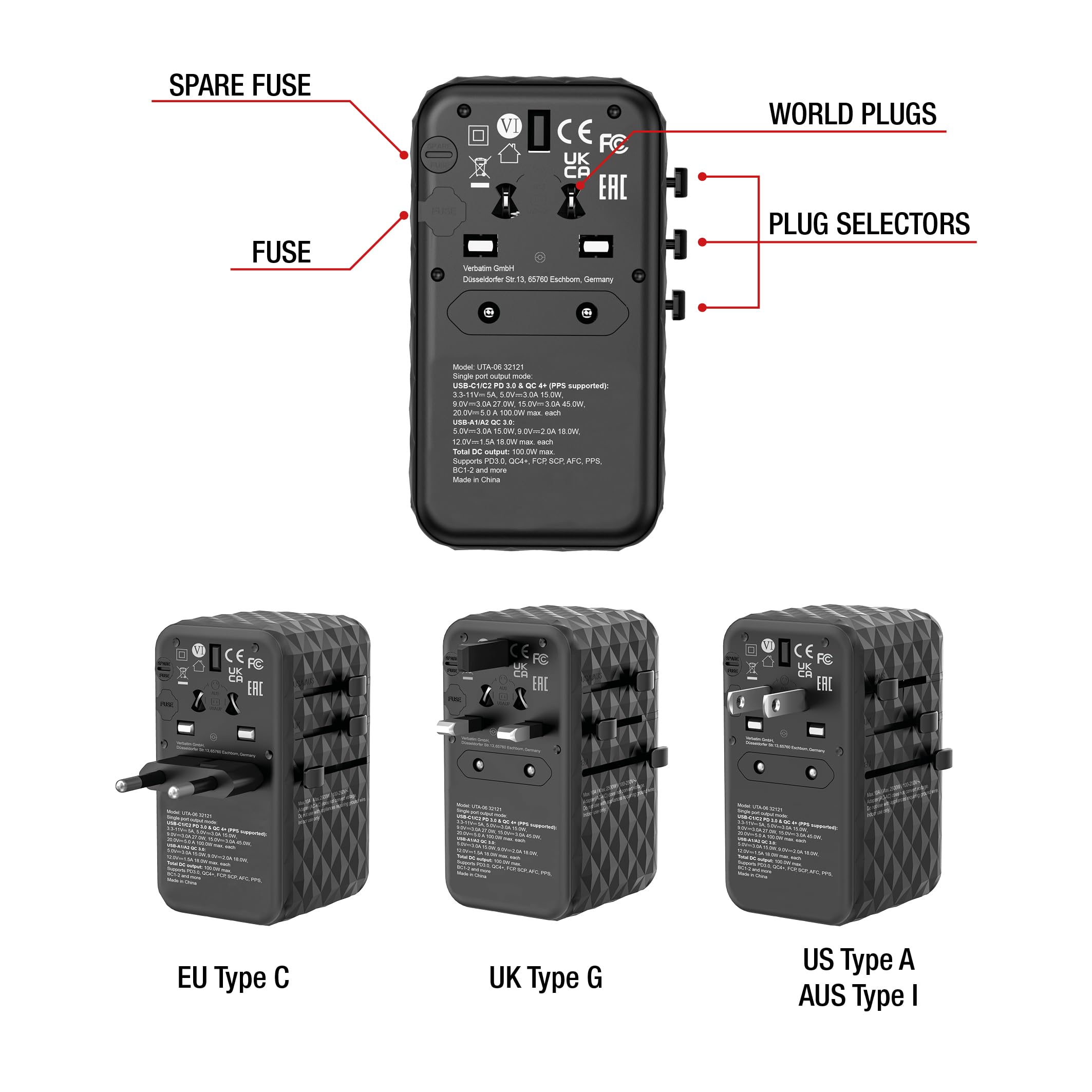 Verbatim GaN - Adattatore da viaggio universale UTA‑06 100 W, con 2 porte USB‑A e 2 porte USB-C, caricatore rapido per laptop, cellulare, fotocamera e Co, spina da viaggio utilizzabile in tutto il