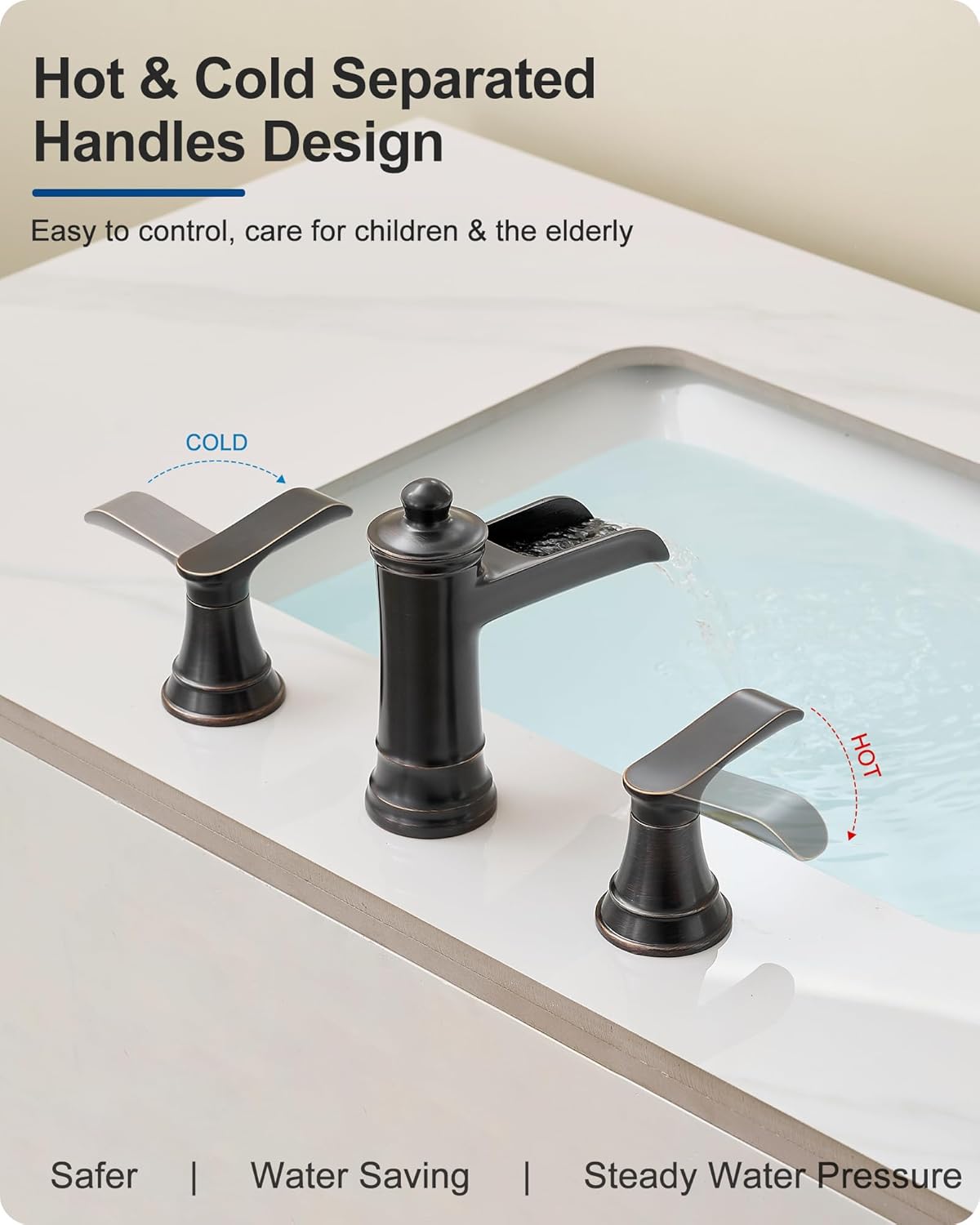 Oil Rubbed Bronze Waterfall Bathroom Faucet 3 Hole, Bathroom Sink Faucet 1 Hole or 4 Inch 3 Hole with Deck Plate, Pop-up Drain, cUPC Supply Lines for Vanity, 5 Mins Quick Install