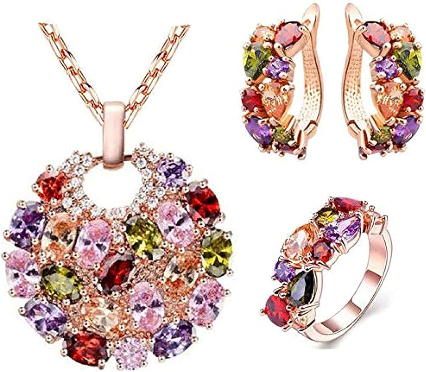 Colorful zircon necklace earrings set ladies jewelry three-piece