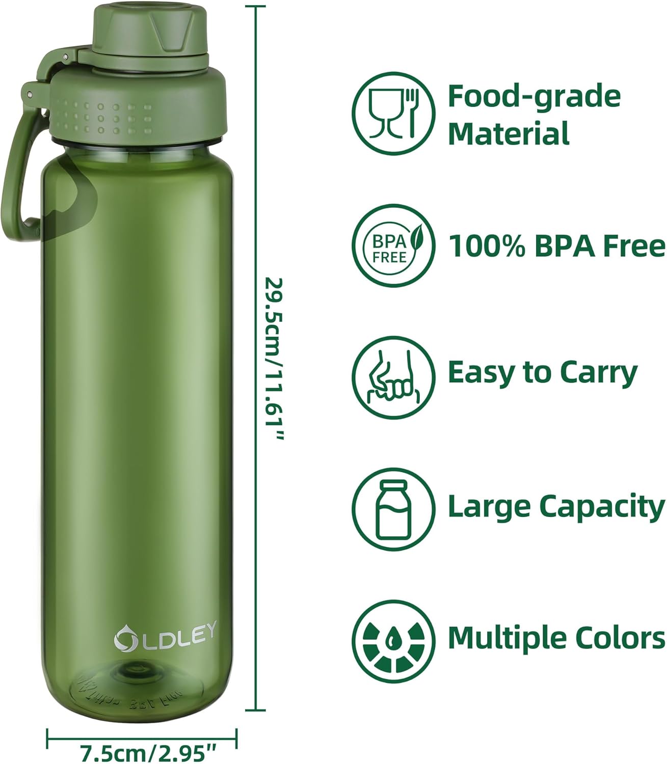 OLDLEY 32 oz Water Bottle, Sports Tritan Water Bottle with Carry Handle and Spout Lid, Leakproof & BPA Free Large Water Bottles for Home,Travel, School, Outdoors, Gym, Olive Green - Image 4
