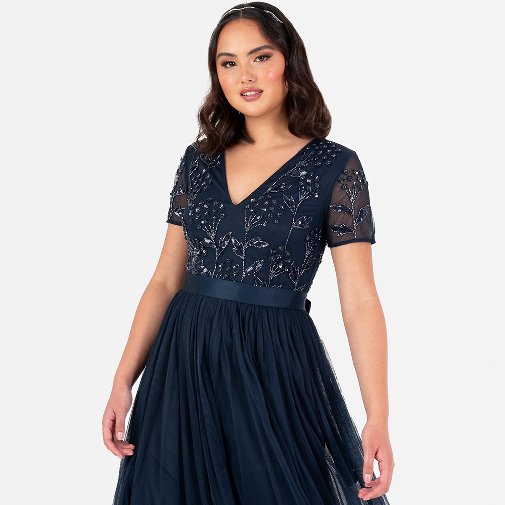 Maya Deluxe Damska sukienka Maxi Damska Kwiatowy Cekin Upiększony Dekolt w serek Krótki rękaw Tiul Sash Tie Belt Empire A-Line Druhna, Granatowy 38, granatowy, 36