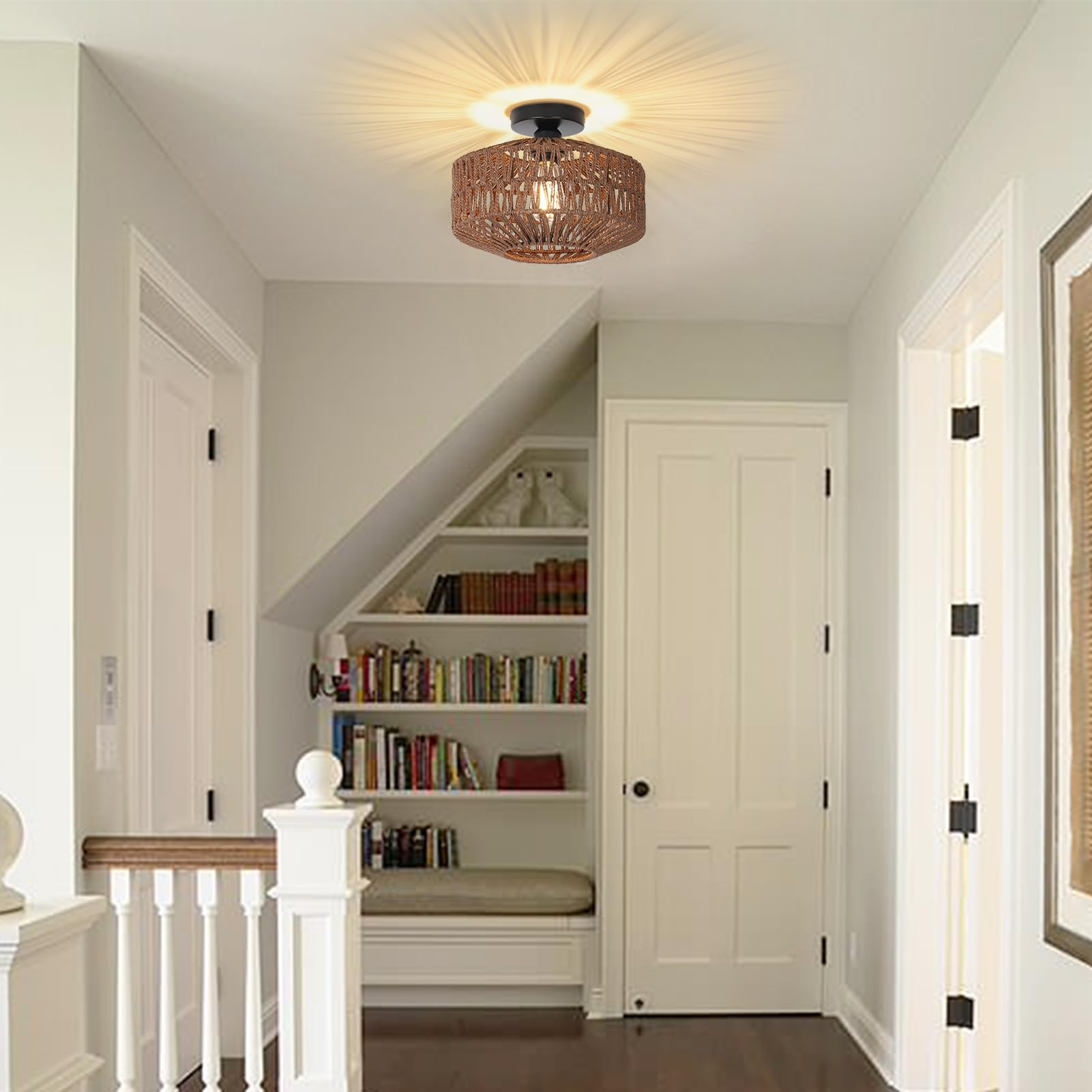 Rayofly Dunkel Braun Rattan Deckenlampe, Boho Deckenleuchte Mit Lampenschirm, Vintage Bambus Lampe, Rustikal Leuchte für Wohnzimmer, Korb Lampe für Schlafzimmer, Küche, Flur