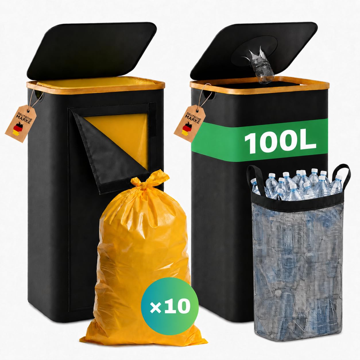 RMAN® 2 × 100L Support sac poubelle avec couvercle - poubelle tri selectif - conception à ouverture arrière - avec 10 pcs 90L sac poubelle jaune pour maison et cuisine, extra robuste et stable