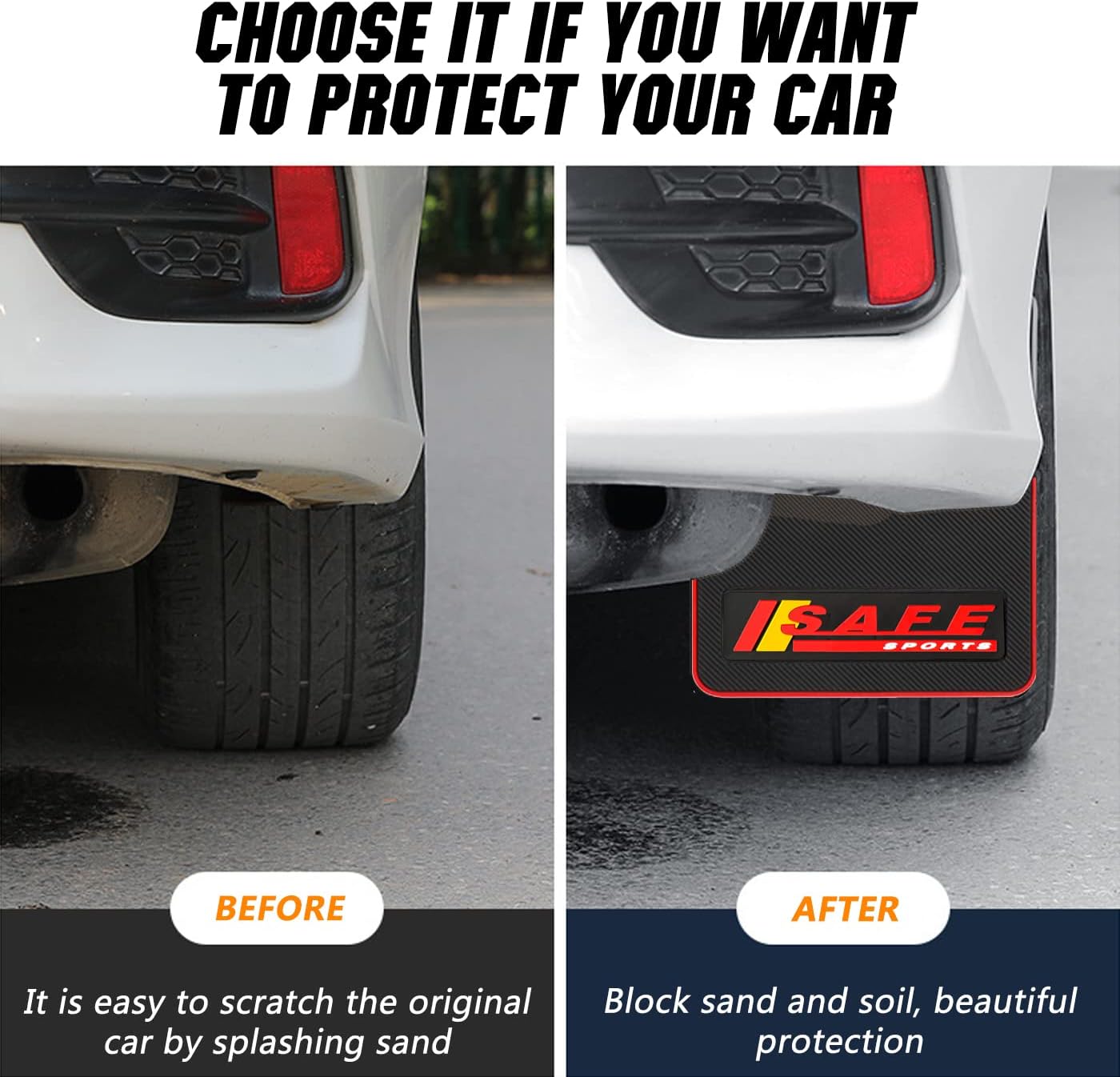 Universal Mud Flaps Fits Most SUVs/MPVs, Not Full-Size SUVs- Standard Size 4-Piece Soft Glue Fenders Splash Guards Set, Heavy Duty Flexible Mudflaps, Dirt/Slush Protection- Black with Logo SAFE