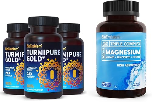BioEmblem Triple Magnesium Complex and BioEmblem Turmeric Curcumin with Clinically Studied TurmiPure - Apoyo para las articulaciones, suplementos de