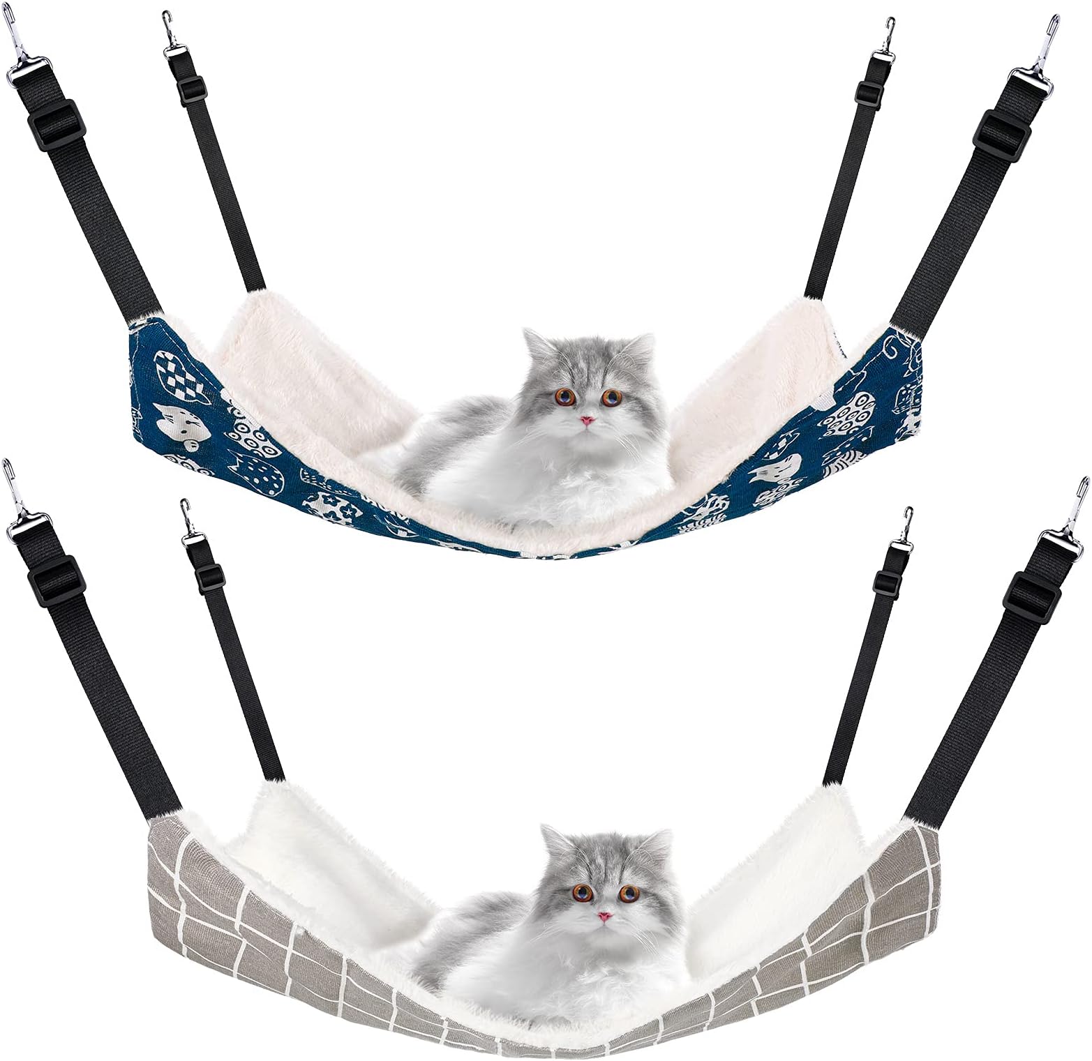 2 Pieces Reversible Cat Hanging Hammock Soft Breathable Pet Cage Hammock with Adjustable Straps and Metal Hooks Double Sided Hanging Bed for Small Dogs Rabbits(Cat and Plaid,L)