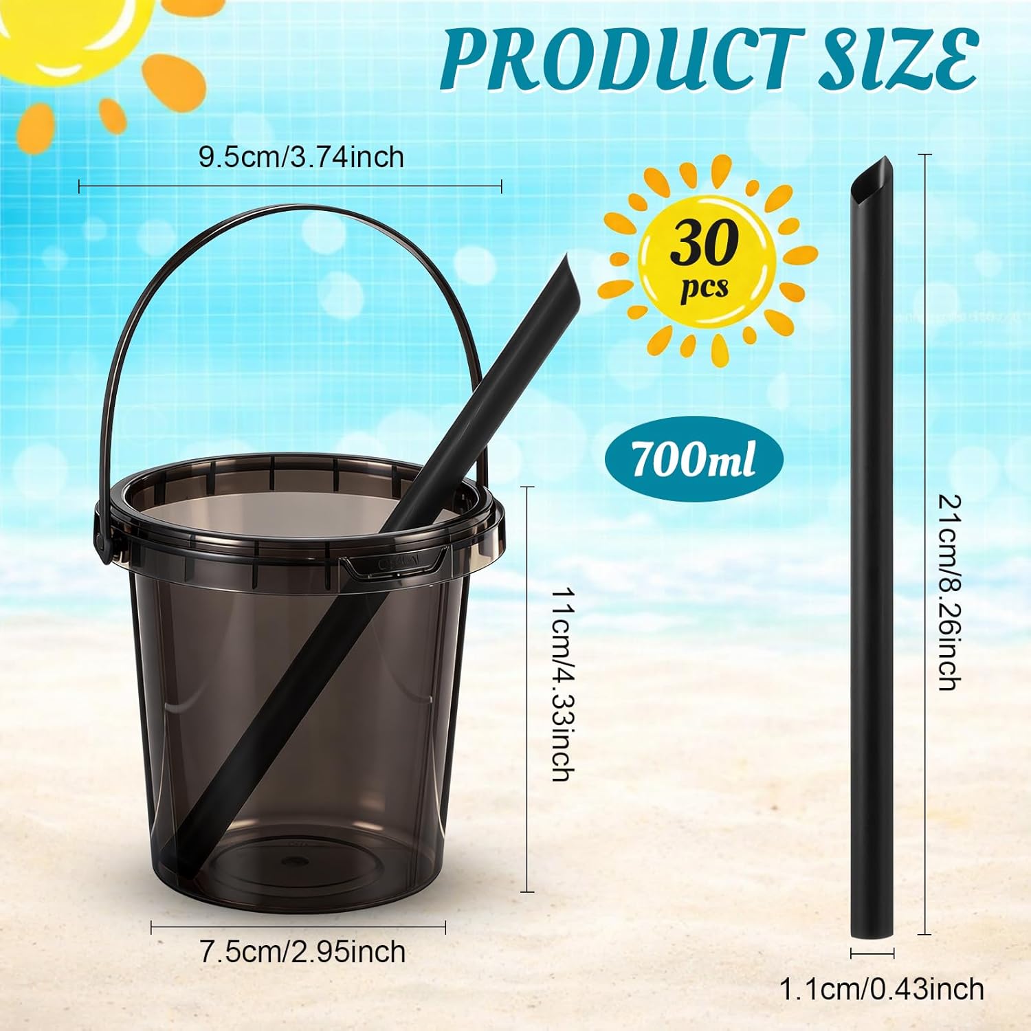 30 Set 24 oz Black Clear Drink Buckets with Lids and Straws Disposable Clear Rum Plastic Drinking Cocktail Bucket with Handles for Beverage Coffee Lemonade Pool Picnic Party Supplies